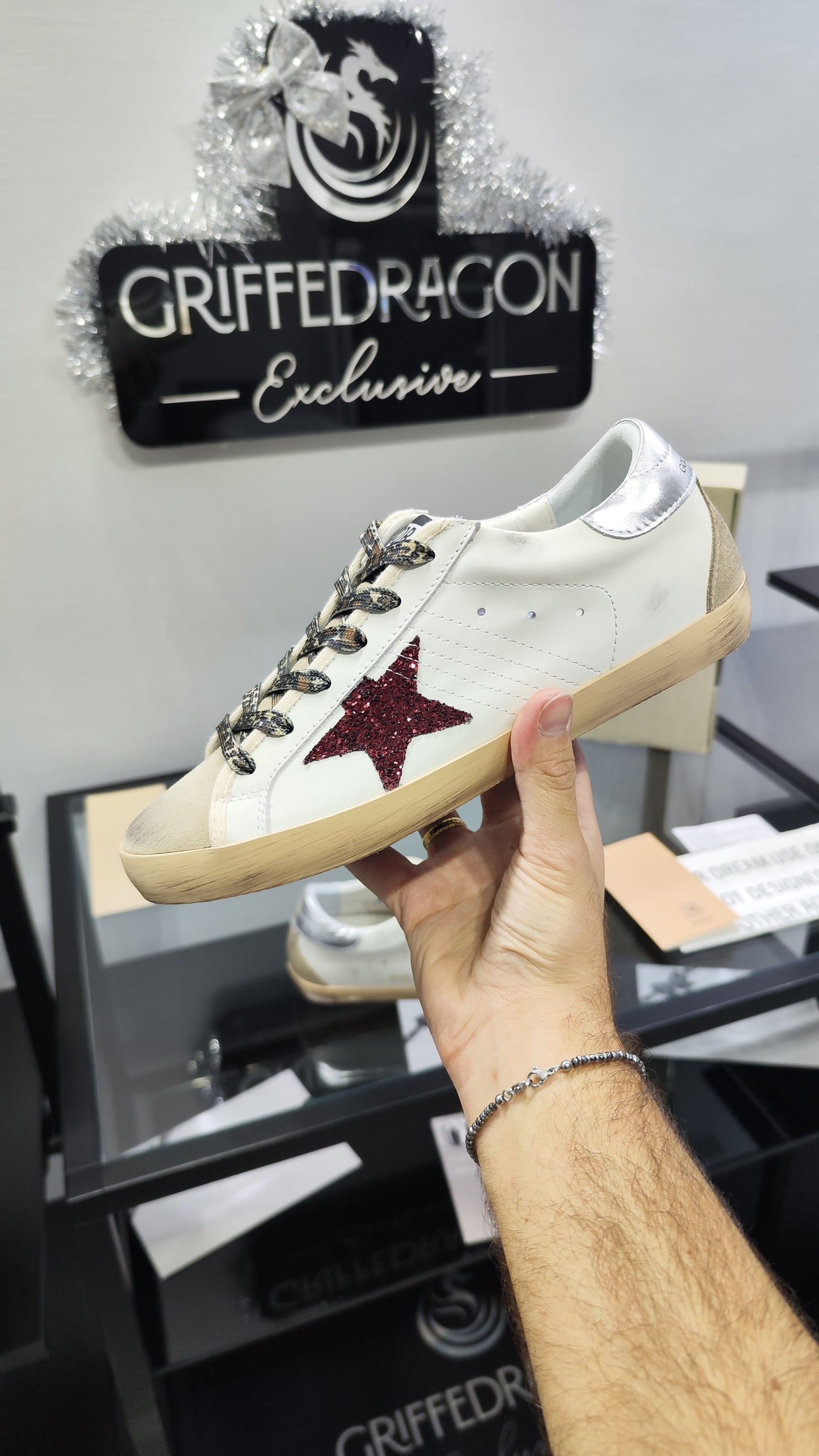 Golden Goose GGDB Bianco Stella Rossa Glitter